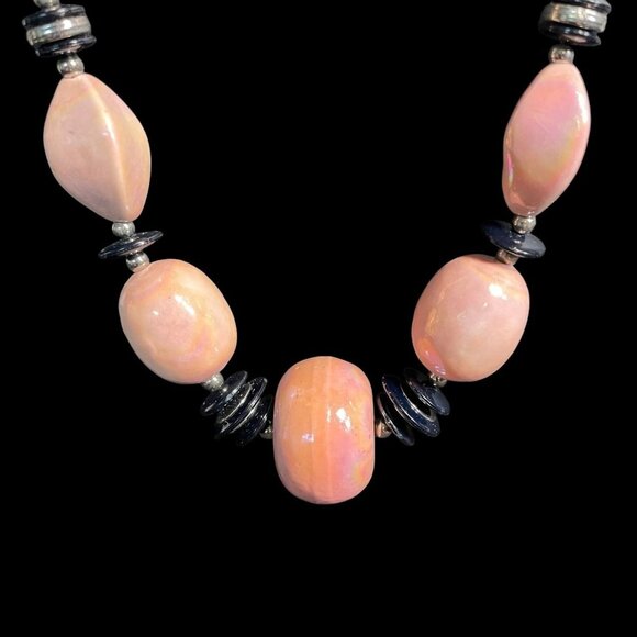 Pink Ceramic Beaded Necklace Handmade Boho Chic Pastel Statement Unique Gift Art - Picture 9 of 9